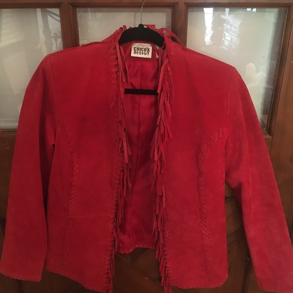 Chico’s red fringed leather jacket